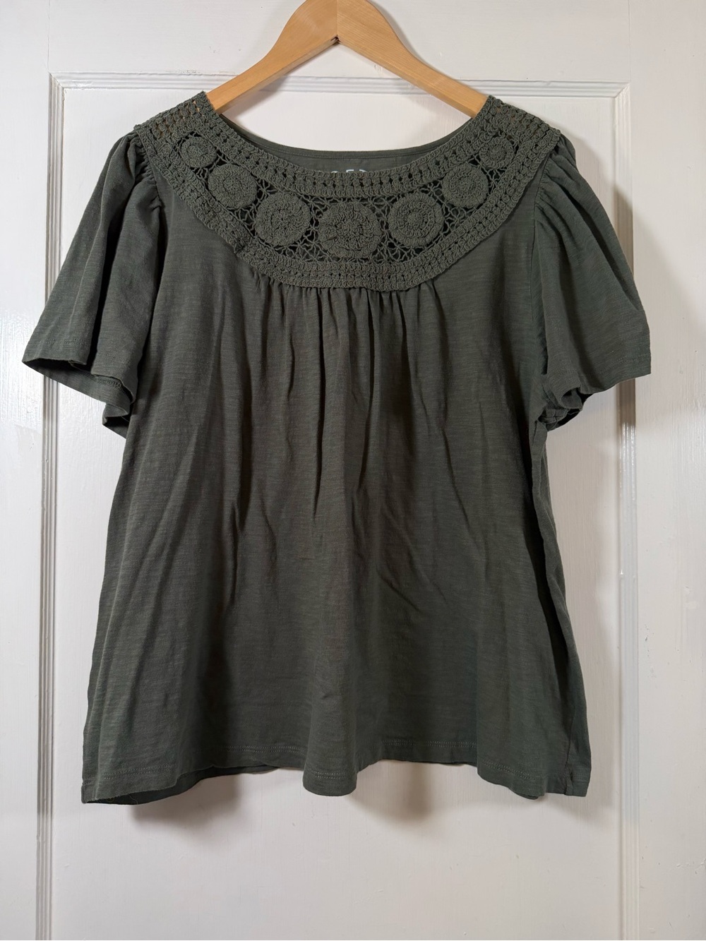 Loft Women’s Olive Crochet Yoke Short Sleeve Top